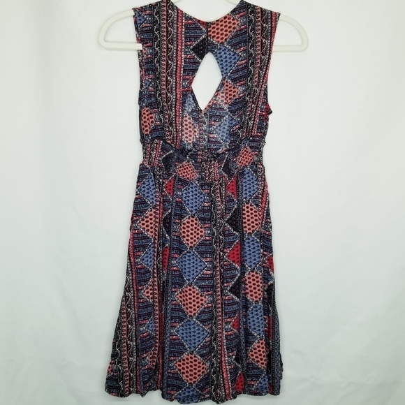 Roxy Dress V-neck Pink Purple Blue Patchwork Print Design Smocked cut out back S - Picture 2 of 14
